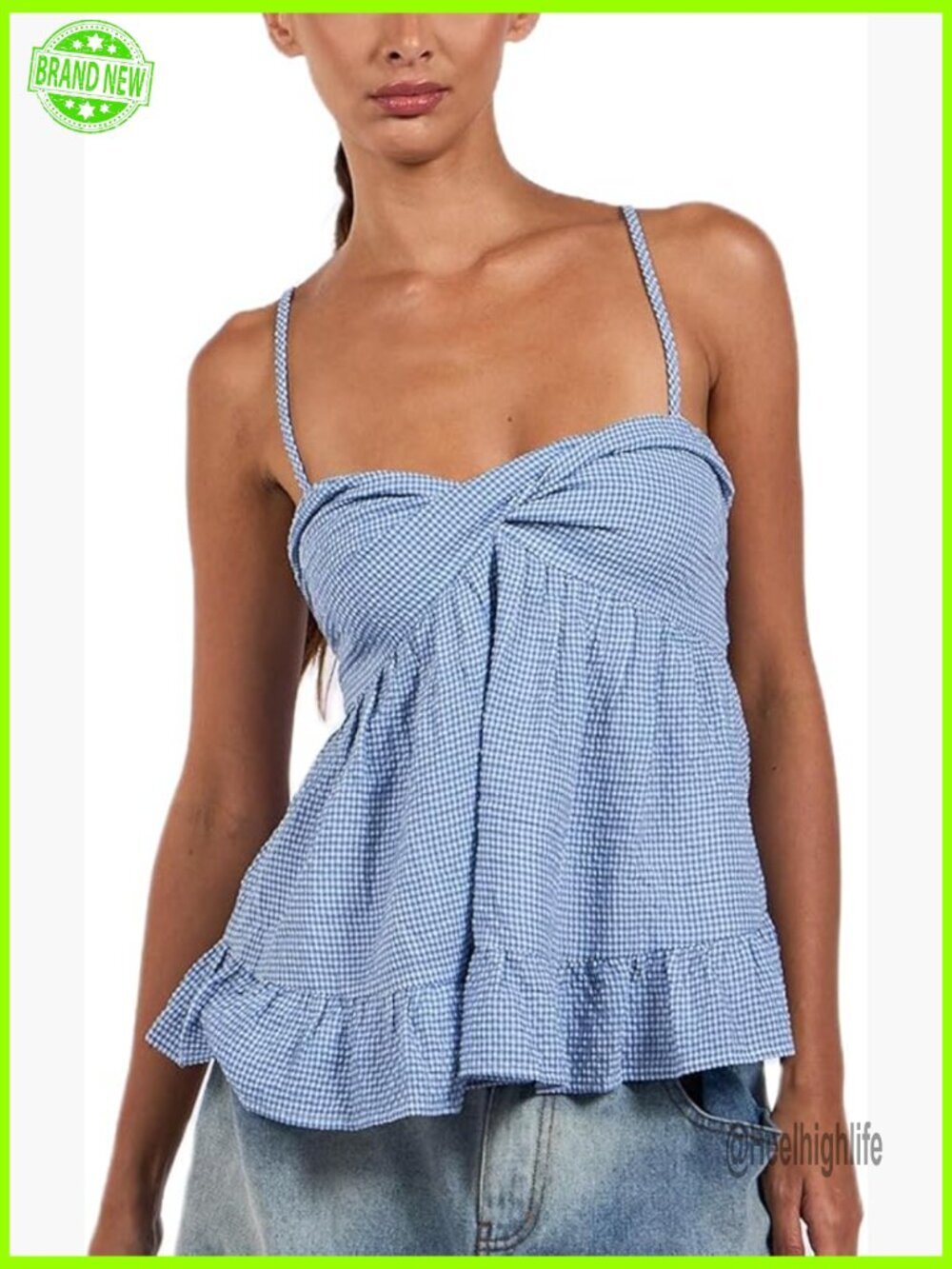 Y2K Plaid Babydoll Tank Top Spaghetti Strap Square Neck Ruffle Camisole